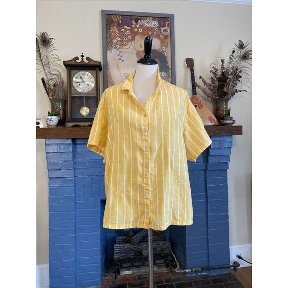 C & C California Top Womens XL 100% LINEN Off Yellow Stripe Button Up Shirt - Picture 1 of 12